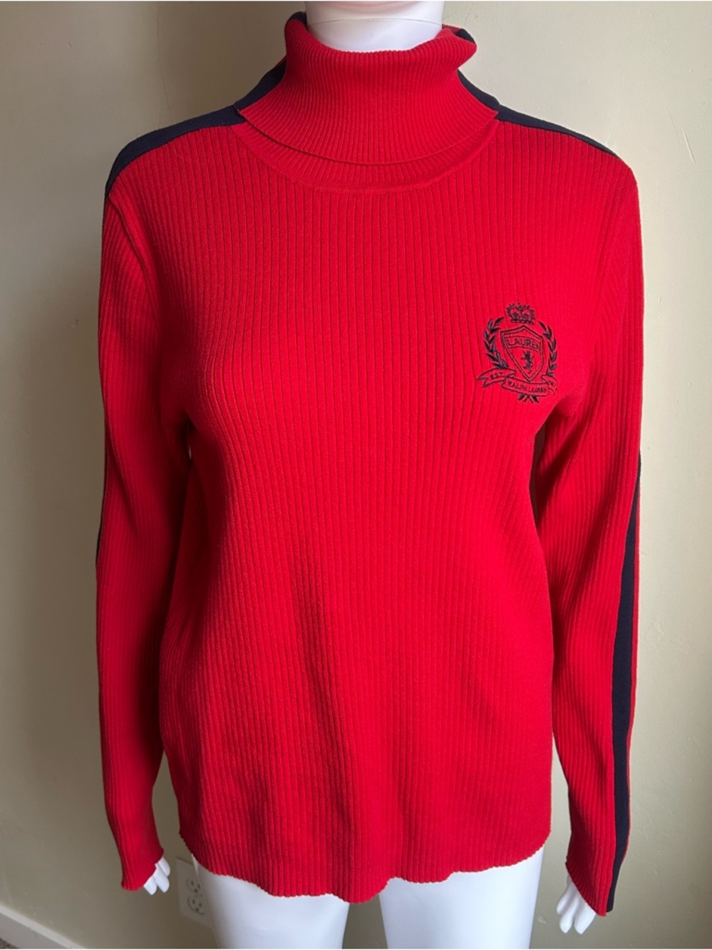 ▶️ Ralph Lauren Turtleneck Sweater Womens L Red Ribbed Crest Logo Stripe